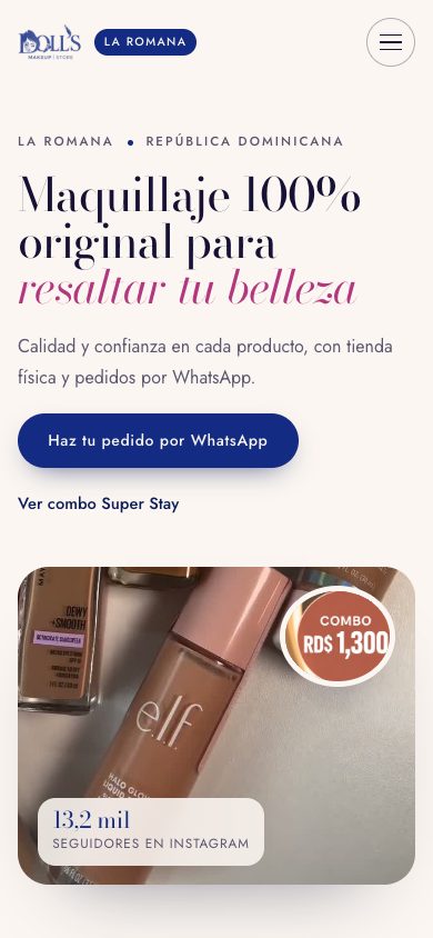 Página web de Doll's Makeup Store diseñada por unclick, vista en un celular